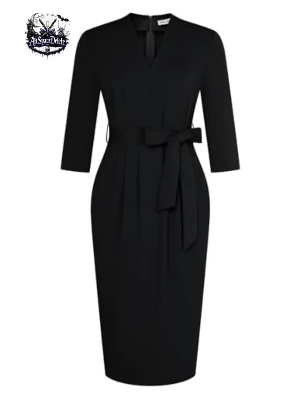 3/4 Sleeve Work Dress with Pockets Belted Bodycon V-Neck Below Knee